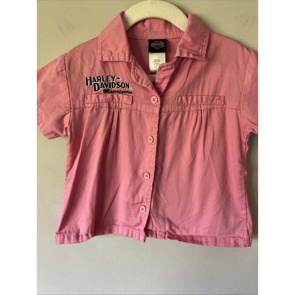 Harley-Davidson Pink Girls Button Down Short Sleeved Shirt Size 2T Biker Baby